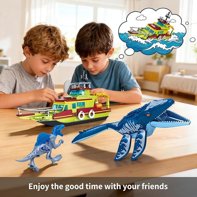 3 in 1 Sea Dinosaur Building Blocks Kit Set Compatible with Lego Dinosaur World Park Spinosaurus Mosasaurus Discovery Crossing Ocean World Building Set Boat STEM Toys Gift Kids Adults Boys Age 8-12
