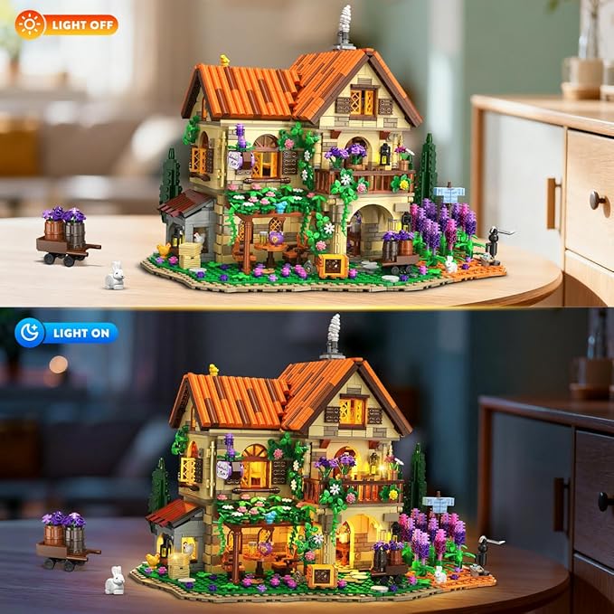 Lavender Manor House Building Set with Lights 1960 PCS Lavender Estate Construction Model Home Decor Romantic Lavender Flowers Cottage Building Block Kit Gift for Adults Teens Boys Girls 12+