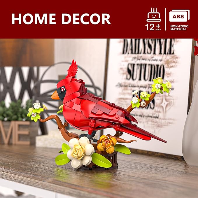 Northern Cardinal Building Set Male Cardinal Bird with Blooming White Dogwood Flowers Creative Set for Adults to Build and Display Red Cardinal Modle Memorial Gifts for Bird Lovers