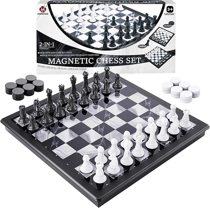 2-in-1 Chess Set and Magnetic Checkers Set - Foldable 13-inch Travel Board Game Durable Plastic Puzzle and Strategy Toys for Kids and Adults