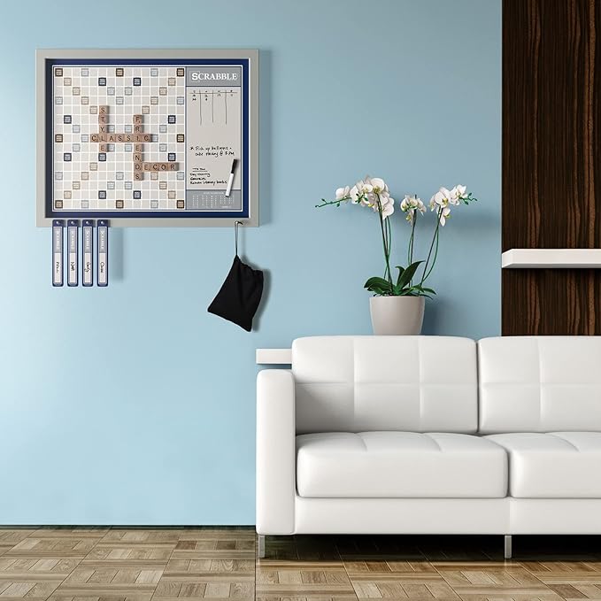 WS Game Company Scrabble Deluxe 2-in-1 Wall Edition Oversized 30 x 24 Wood Frame Magnetic Tiles &amp Dry Erase Message Board Hangable Home Decor Family Word Board Games for 2-4 Players Ages 8+