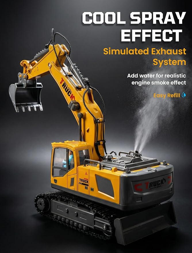 RC Excavator Toy with 4*Battery Set for Boys 11-Channel Remote Control Excavator Alloy Bucket Metal Construction Vehicle with LED Lights Sound and Water Spray Exhaust for Kids