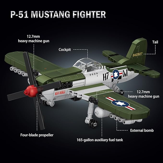 WW2 Military Building Blocks Set Compatible with Lego Includes P-51 Fighter &amp BM-13 Rocket Launcher Creative Military Gift for Boys and Kids Ages 8-12