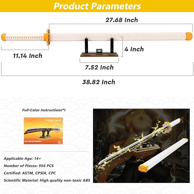 HIGH GODO Zenitsu Sword Building Set 38.8in Demon Sword Set with Scabbard and Stand Cosplay Anime Samurai Sword Handmade Katana Sword for Adults Teens 14+ (956 Pieces)