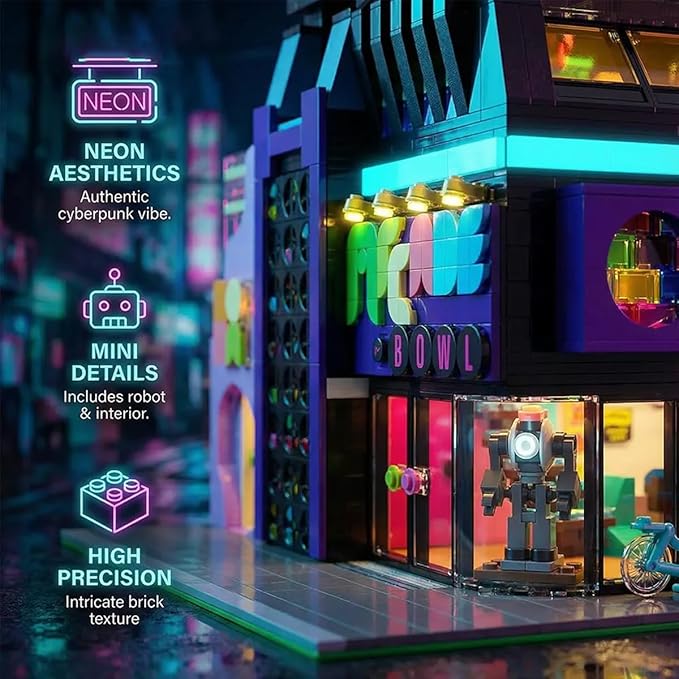 Arcade Modular Building Blocks Set with LED Lights Cyberpunk Retro Arcade Bowl Street View Bricks Collectible Construction Toy for Adults &amp Teens 14+Barweer004 (2600PCS)