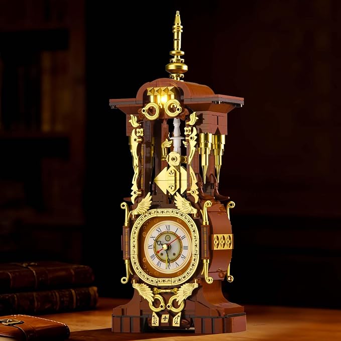 Retro Clock Building Set for Adults Vintage Pendulum Model with Rotating Gears Mechanical Building Blocks Toy Gift for Boys and Girls 8+(879PCS)