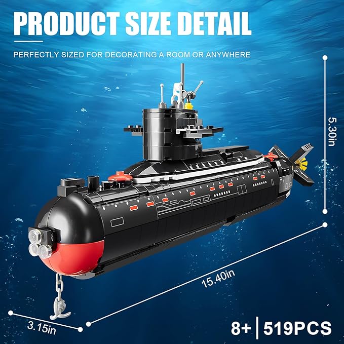 Finger Rock Nuclear Submarine Building Set WW2 Historical Military Series Submarine Model Set Collection Birthday Gifts Toy for Teens and Adults 14+ (519 Pieces)