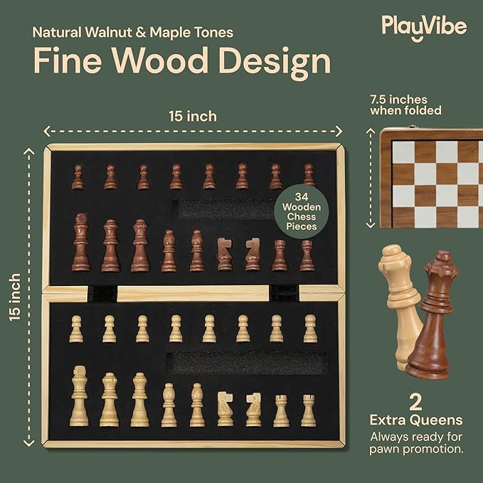 PlayVibe Wooden Chess Set 15'' Board Games for Families with 2 Extra Queens - Handmade Wooden Chess &amp Checkers Portable Folding Travel Board Outdoor Park &amp Garden Play Spring Gift for Adult