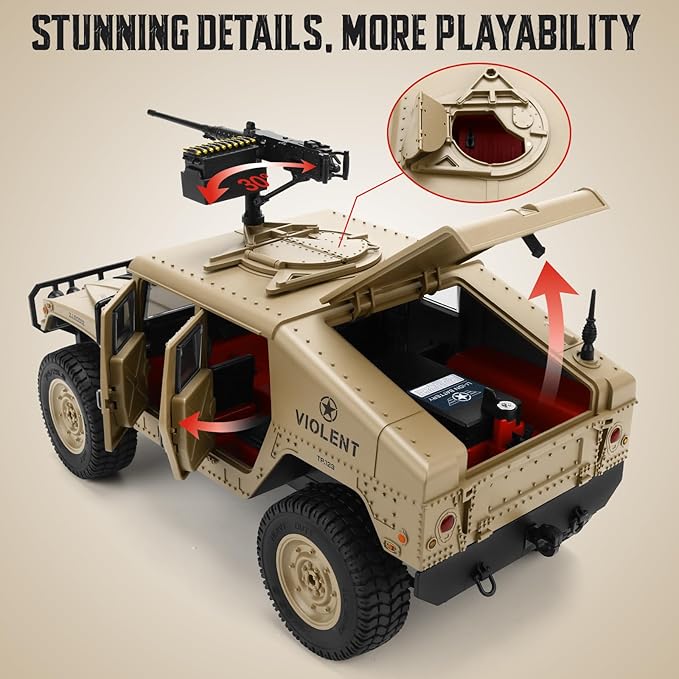 Remote Control Truck-4x4 Off-Road RC Trucks Army Rock Crawler Humme RTR 40Mins Play Time All Terrain RC Off Road Jeep Cars with WinchLights&ampOpenning Door Military Armored Vehicle Toys Gift for