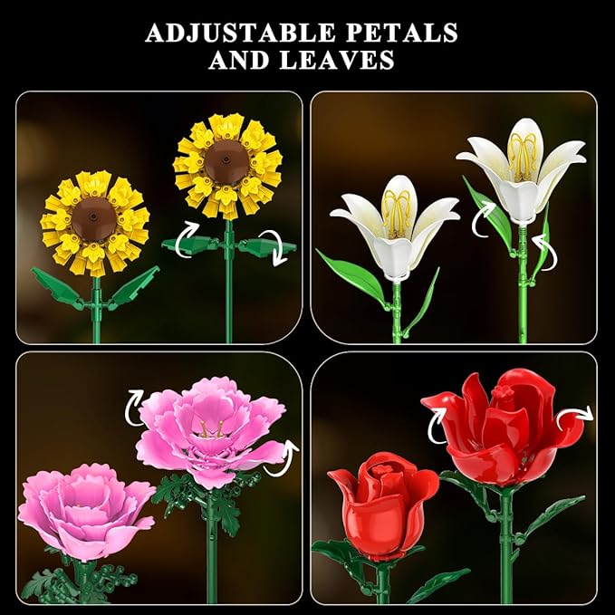 Flower Bouquet Building Set 1043 PCS Bouquet Botanicals Collection Easter Gift for Her Girlfriend Wife 15 Artificial Flowers Building Blocks Home Decor for Adults Kids Teens Women Birthday