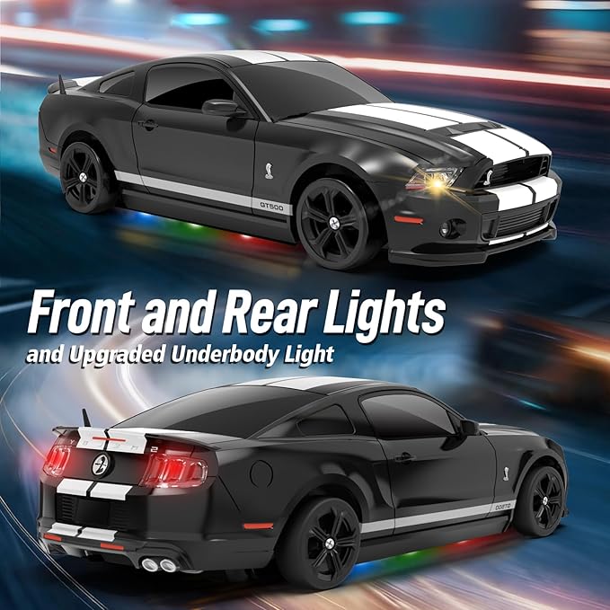 YONCHER RC Drift Car Remote Control Car for Kids Ford Mustang Shelby GT500 Officially Licensed 1:24 20KM/H 4WD with Lights Fast Racing Toy Car for Boys Girls Black