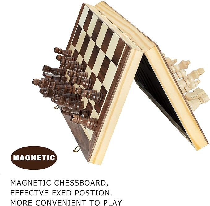AMEROUS 15 Inches Magnetic Wooden Chess Set - 2 Extra Queens - Folding Board - Pieces Storage Slots Handmade Portable Travel Chess Game - Beginner Chess Set for Kids 6 up Age