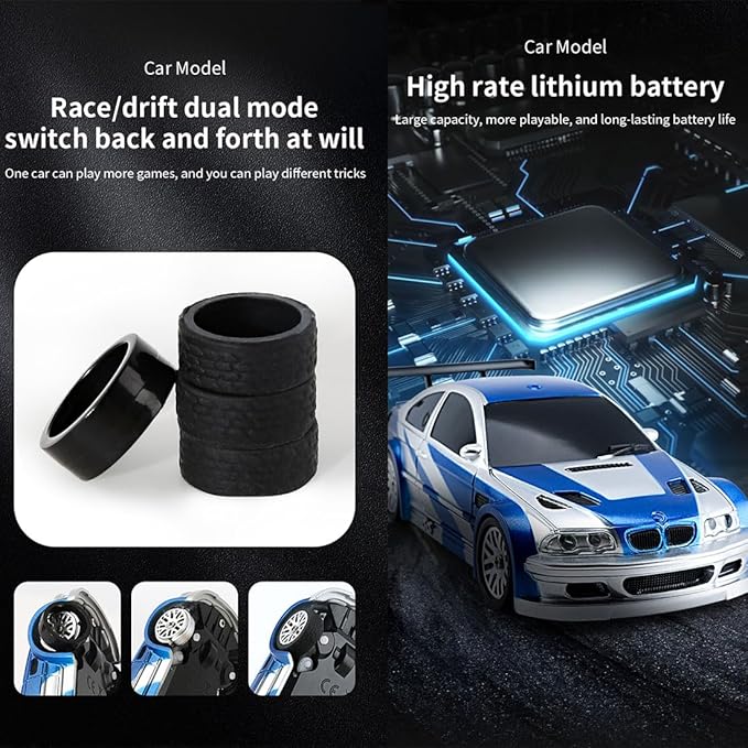 RC Drift Car 1/43 Scale 2.4G Full Proportional RC Electric Mini Racing Drift Car Model with Lights KitRC Model Cars Gifts for Adults (RTR Version/Black and White)