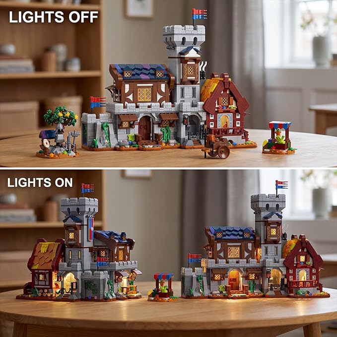 3 in 1 Medieval Cabin Knight Castle Town Square Center Building Set 3 Storytelling Viking Village Sets for Adult House Collection Toy Creative Present for Enthusiasts 1760PCS
