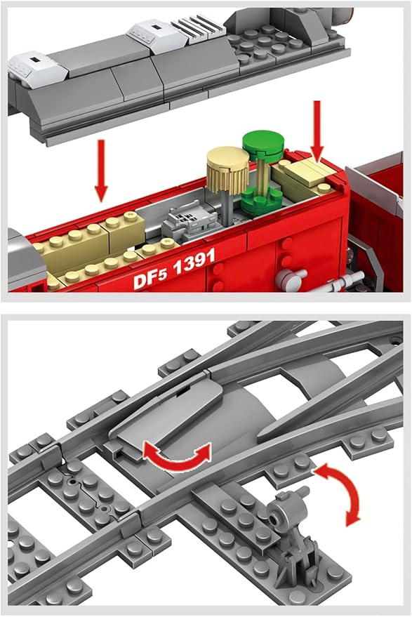 General Jim's Red Diesel Cargo Train Building Blocks Set - 1000+ Piece City Series with Automatic Running System Railway Tracks and Truck - L Gauge - Compatible w/Major Brick Brand Tracks - GJ-EBRT