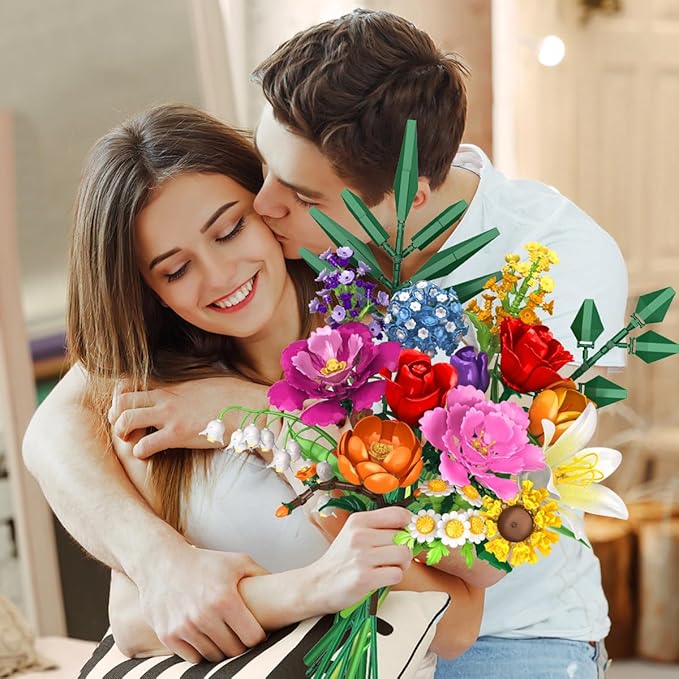 Flower Bouquet Building Set 1043 PCS Bouquet Botanicals Collection Easter Gift for Her Girlfriend Wife 15 Artificial Flowers Building Blocks Home Decor for Adults Kids Teens Women Birthday