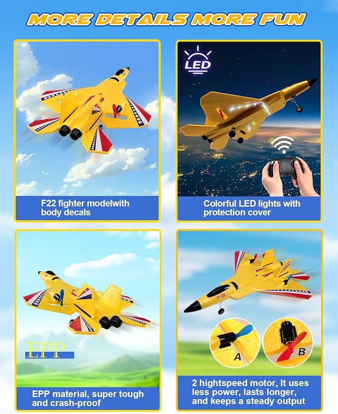 F22 Raptor RC Airplane Durable Foam Remote Control Jet with Gyro &amp LED Lights 2 Rechargeable Batteries 2.4GHz RC Glider Toy Gift for Kids Boys Girls Adults