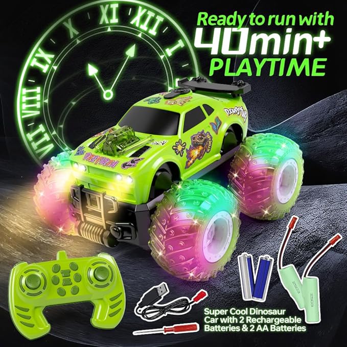 Remote Control Car for Toddler Monster Truck for Boy Age 4-7 with Dinosaur DIY Sticker Headlight Colorful Light Spin and Mist Birthday Gift Toy for Boy Age 3-5 5-7