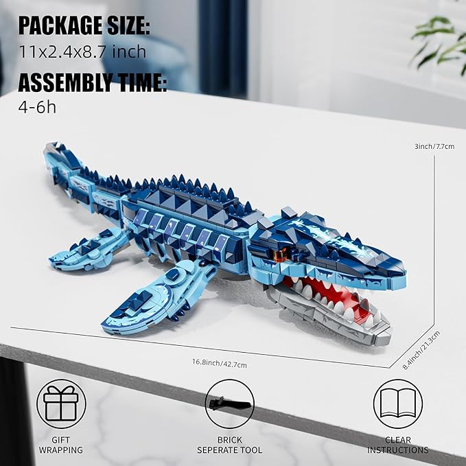 Mosasaurus Dinosaur Building Blocks Set 805 PCS Dinosaur World Building Toy Jurassic Ocean Animal Model Collection Toys for Home Decor Birthday Gift for Adults Boys Age 8-12