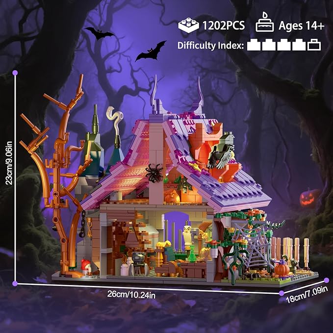 Magic House Set for Witches and Witches Building Set with Lights Over 1200 Halloween Haunted House Building Blocks for Kids and Adults 14 Halloween and Christmas (The Magical Retreat of The Witch)