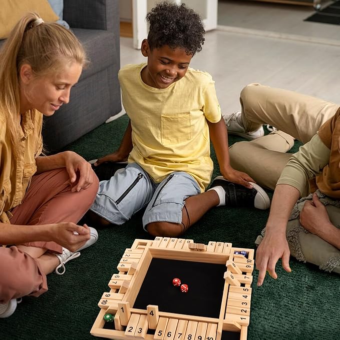 GSE Games &amp Sports Expert 1-4 Player Wooden Shut The Box Dice Board Game with 8 Dice. 4-Way 10 Numbered Shut The Box Set of Popular English Pub Board Game - Natural Wood