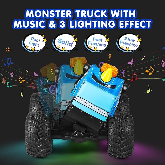 DYODYORC Remote Control Car 2.4Ghz All Terrain Monster Truck RC Truck with Music 3 Lighting Effects 360 Stunt Capable 2 Batteries Ready to Run Toy Gifts for Boys and Girls (Blue)