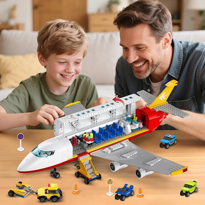HOGOKIDS 2 Style City Airplane Building Set with LED Light - Plane Building Blocks Switch Passenger Cargo Projectile Toy with 3 Cars Planes Model Toys Valentines Gifts for Kids Boys Girls Age 6-12+