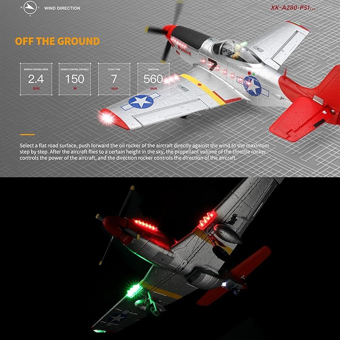 Large 560MM P51 P-51D Mustang Remote Control Combat Aircraft 4CH XK A280 3D/6G Aerobatic LED Brushless RC Aircraft Full-Function for Professional Players (1-Battery)