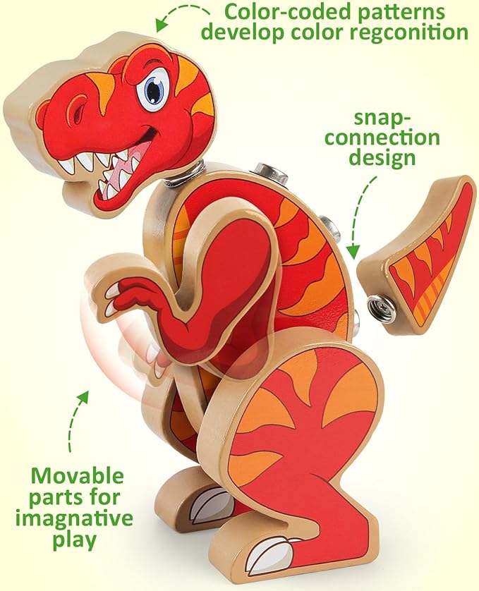 Coogam Dinosaur Snap Together Building Toys Wooden Take Apart Dinosaur Playset STEM Montessori Educational Fine Motor Skill Toy Gift for 3 4 5 Years Old Kids