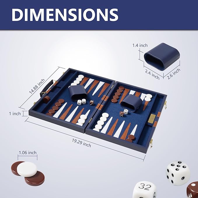 15 inch Backgammon Sets for Adults - Classic Board Game with Premium Sea Blue Leather Case - Travel Backgammon Set for 2 Players - Portable Strategy Board Games for Gifts &amp Family Fun