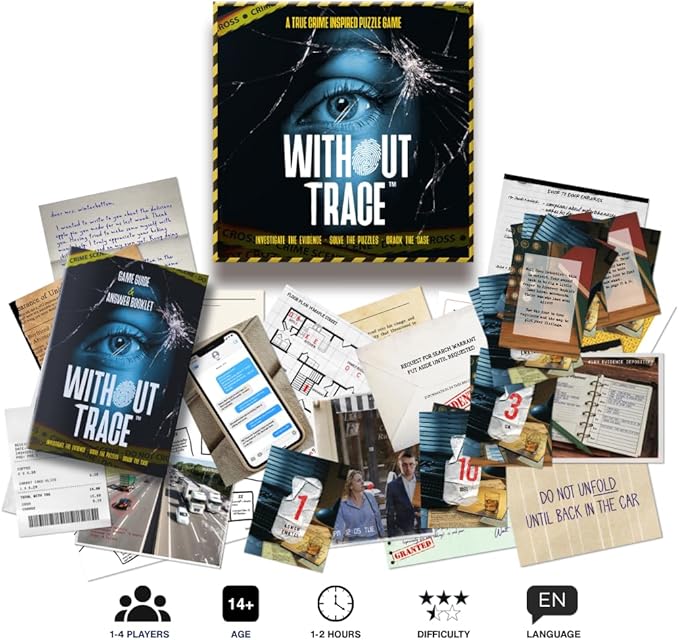 Without Trace - Escape Room Strategy Puzzle Board Game. Immersive Detective Investigation Murder Mystery True Crime Challenge for Adults Teens Couples Date Nights or Solo. 1-4 Players.