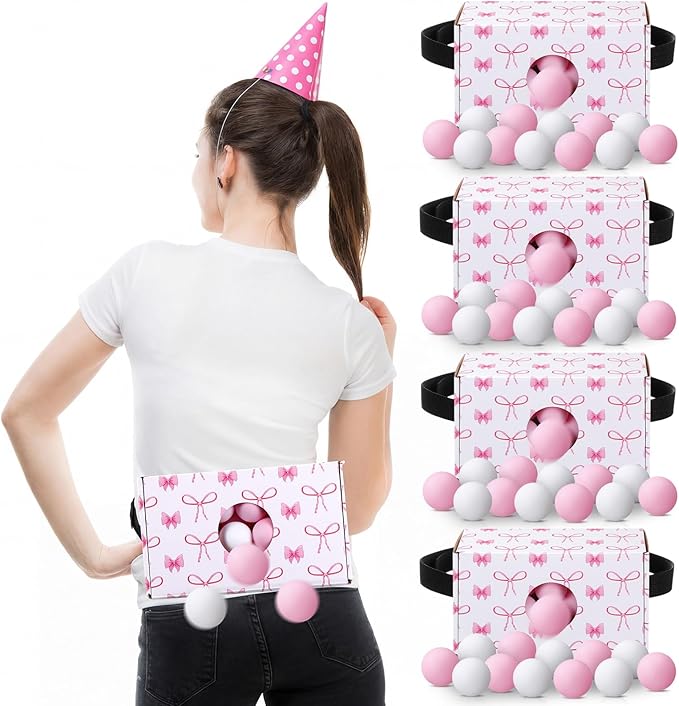 Yaomiao 4 Pack Bachelorette Party Shaking Swing Balls Indoor Party Game Set Includes 4 Set Strap Shake Box and 80 Balls for Birthday Bachelorette Bridal Shower Table Tennis (Pink BowPink White)