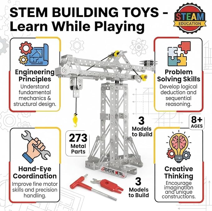 Metal Building Toys 273pcs 3 in 1 Tower Crane &amp Frame Crane &amp Windmill Metal Model SetErector Sets for Boys Age 8-12DIY Building Stem Projects Toys for KidsBirthday Gifts for Model Crane F