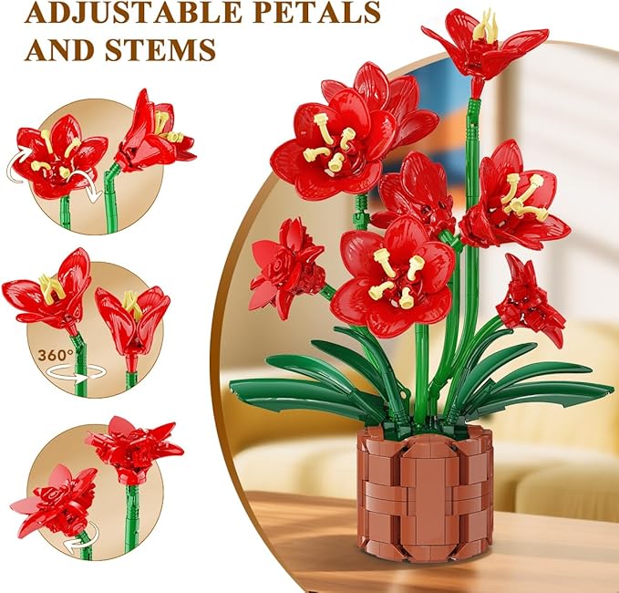 Amaryllis Flowers Bonsai Building Set Easter Botanical Collection Building Block Artificial Plant Kit Home Decor 503 PCS Flower Bouquet Bonsai for Her Adults Kids Boys Girls 12+