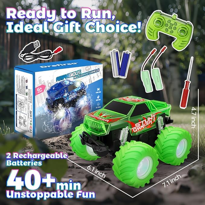 Blue Monster Truck Toy Amphibious Remote Control Car 4WD All Terrain Off-Road RC Truck with Colorful Light RC Stunt Car Toy for 6 7 8 9 10 11 12 Year Old Boy Birthday Gift