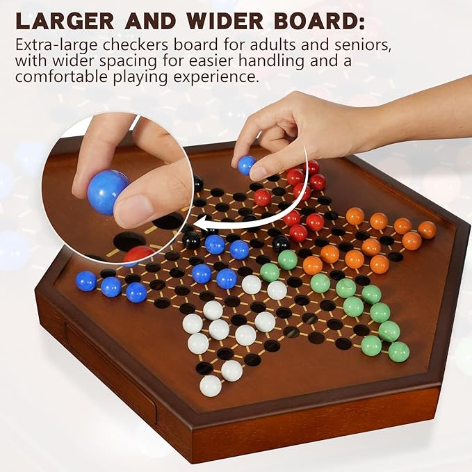 15 Large Upgraded Wooden Chinese Checkers Game Board – Premium 16mm Glass Marbles (60 + 12 Extras) Easy Grip Storage Drawer Ideal Multi-Player Puzzle Game for 2-6 Players