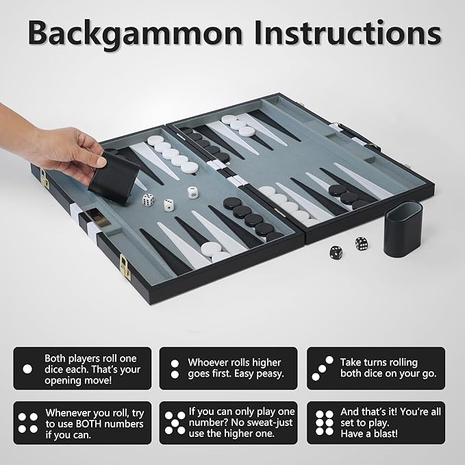 Large Backgammon Sets for Adults 18 inch Black Travel Backgammon Board Game Sets Classic Board Game with Premium Leather Case Portable Travels Strategy Backgammon Game Set for Adults