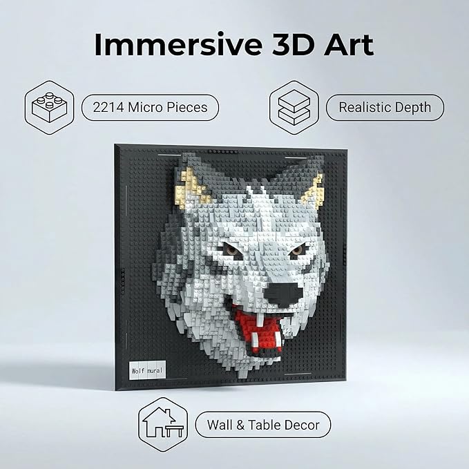 Wolf 3D Wall Art Micro Mini Building Blocks Set for Adults Animal Display Model for Wall or Tabletop Decor 2214 Pieces Micro Bricks with Instructions Creative Gift for Teens &amp Adult