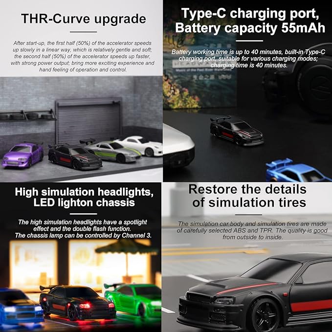 1:76 Turbo Racing Scale RC Sport Car Table Racing Remote Control Mini Model Car Full Proportional RTR Kit Toys (C74-black)