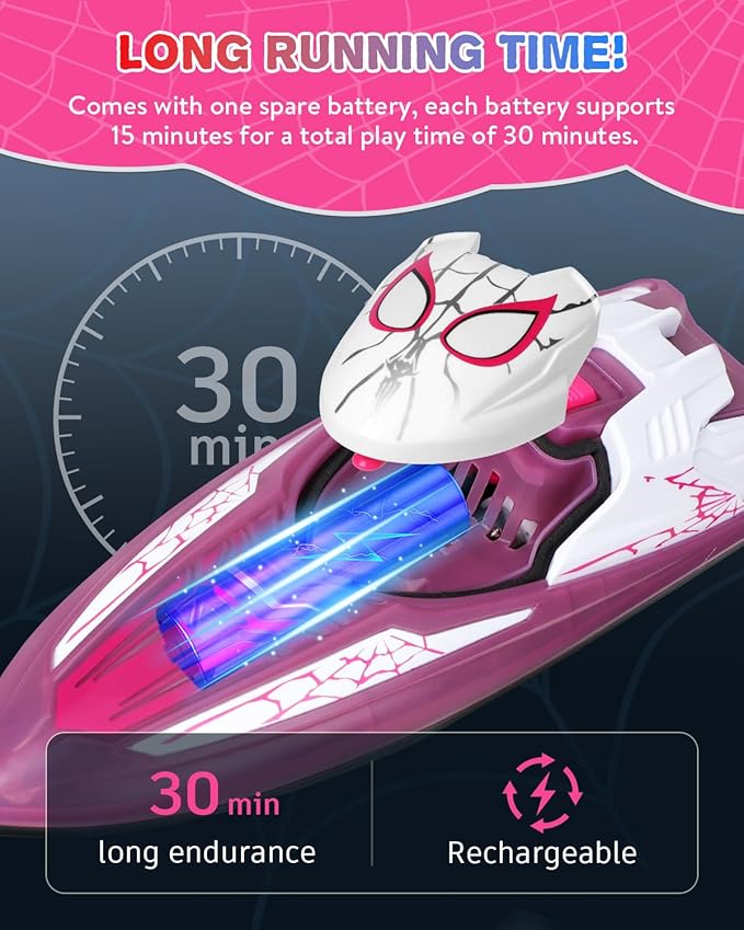 Spider Hero RC Boat 2.4GHz Remote Control Boat with LED Lights for Kids Pool Toy with 2 Rechargeable Batteries Spray Function and Low Battery Alarm for Boys &amp Girls (Spider Girl)