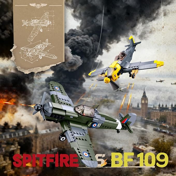 Sosuy WW2 Building Block Military Plane-Sets for Boys Men 1:32 Movable UK Spitfire &amp GE BF-109 Army Toys for Kids Ages 8+Spinning Propeller Pilots History Birthday Gifts for Teen Girls 580+ Piec
