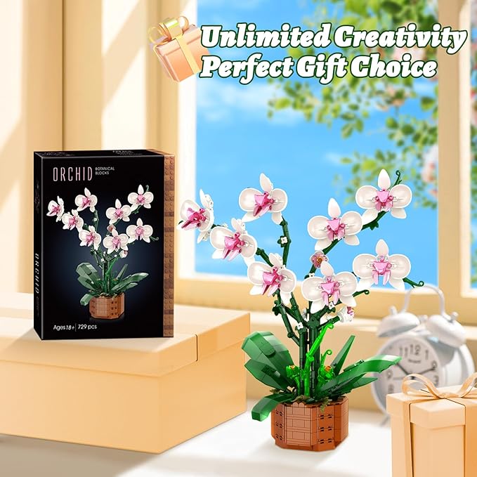 Orchid Flower Building Blocks Set Fake Indoor Flowers Building Set for Home Kitchen Desk Decoration for Adults Ages 18+