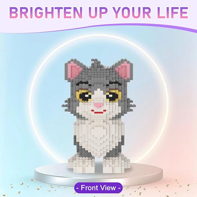 Cat Building Blocks with Organizer Bins | Grey | Micro 3D Animal Building Blocks | 3000PCS | Gift for Adults and Kids | Home &amp Office Decor | RQ8888