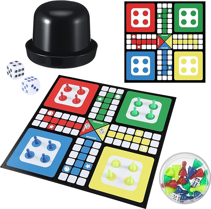 Soulchen Ludo Board Game Set Foldable Game Board with 16 Colorful Pawns Dice Cup 2 Dice &amp Storage Box Family for Travel Party Events or Family Gatherings