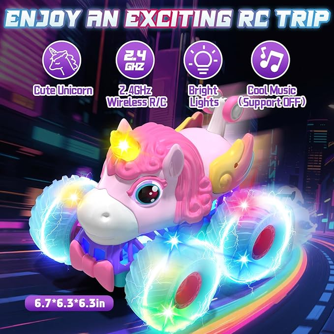 Lehoo Castle Remote Control Car for Girls 360° Rotating Unicorn Monster Truck with Light &amp Music 4WD All Terrain RC Stunt Car Rechargeable 2.4GHz RC Truck for 3 4 5 6 7 8 Girls Birthday Gift