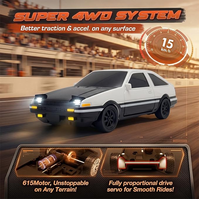 [4WD Edition 1/43 Scale Mini RC Drift Car Toys for Age 8-14 Old Birthday Gifts High Speed Racing Micro Small with Full Proportional RTR 2.4GHz Remote 2 Tire Sets 8 Cones - White