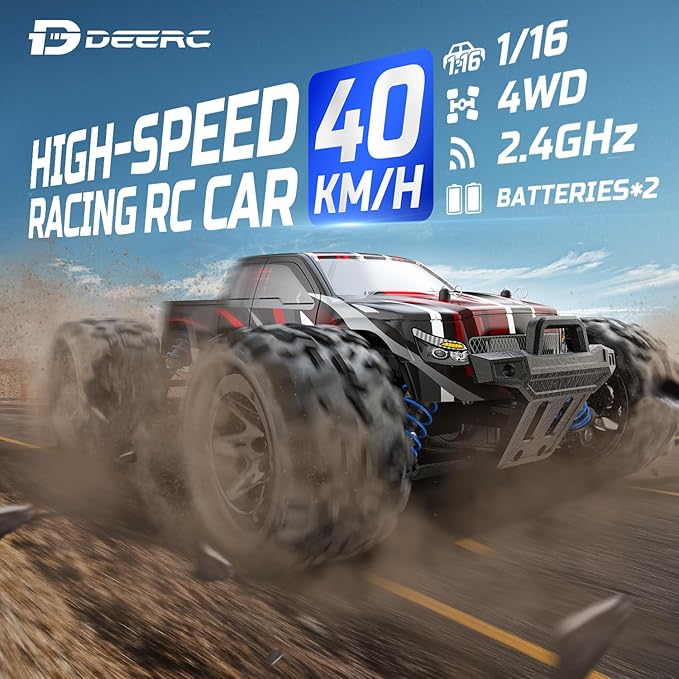 DEERC 9300E Remote Control Car High Speed RC Cars for Kids Adults 1:16 Scale 40 KM/H 4WD Off Road Monster Trucks2.4GHz All Terrain Toy Trucks with 2 Rechargeable Battery