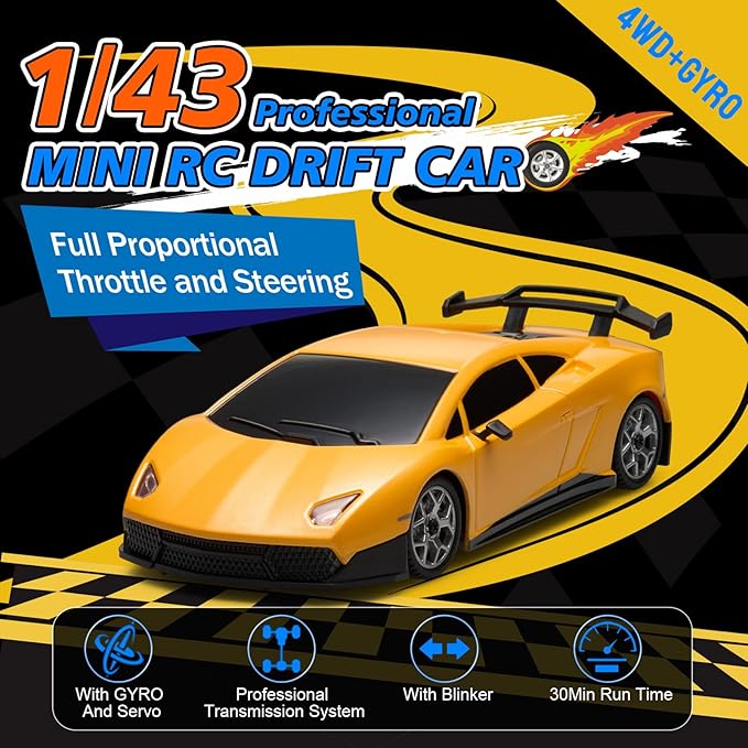 YONCHER Mini RC Drift Car with Gyro 1:43 4WD Full Proportional Remote Control Car Professional High Speed Drift RC Cars with Turn Signal Lights Racing Toy for Adults Kids Boys Yellow