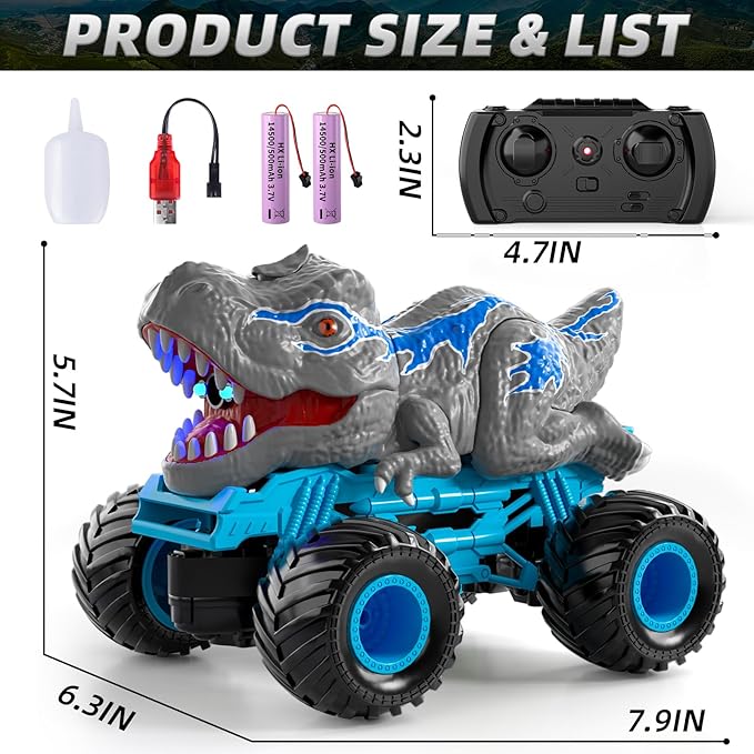 Bennol Remote Control Dinosaur Car for Boys Kids 2.4Ghz RC Dinosaur Truck for Toddlers Electric Hobby RC Car Toys with Light &amp Sound Spray Birthday for 3 4 5 6 7 8 Year olds Kids Boys