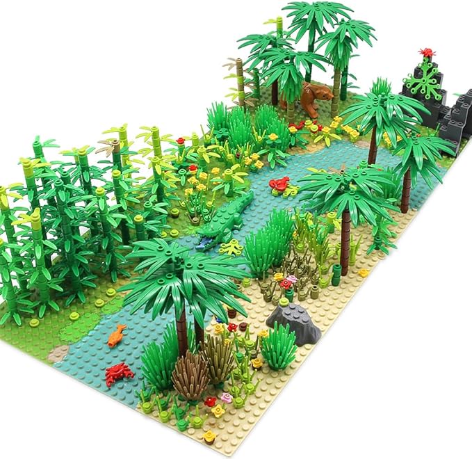 Rainforest Jungle Trees Building Blocks Bricks with 2 Base Plates (10 Inches for Each) Forest Garden Plants Flowers Bushes Animals Kit Botanical Parts Scenery Toys Compatible with Major Brands
